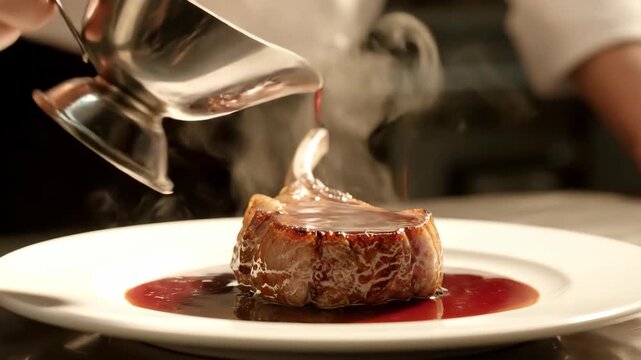 Gourmet Plating: Chef Pours a Rich, Steaming Red Sauce Over a Perfectly Cooked Bone-In Chop