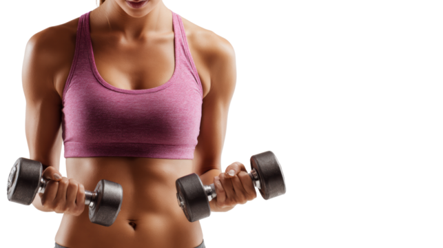 Woman exercising with dumbbells, focusing on strength and fitness, white isolated background