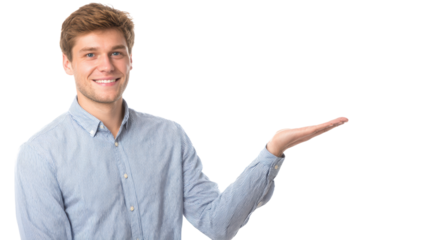 Young man smiling and gesturing with hand, showcasing hospitality and friendliness.