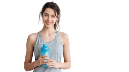 Young woman in sportswear, holding a water bottle, smiling, on a white isolate background.