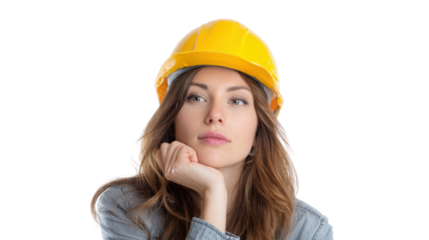 Young woman in a yellow hard hat, thoughtful expression, isolated on white background.