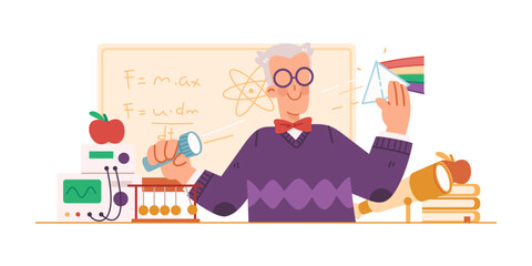 Fototapeta premium Illustration of scientist teacher explaining physics, demonstrating prism, telescope, pendulum, power supply, and blackboard filled with formulas. Character in flat style isolated on white background