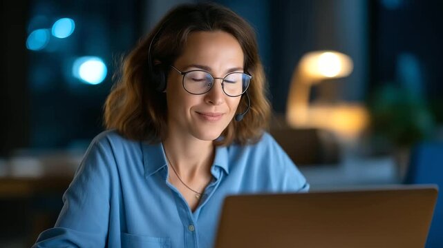 A professional woman using her laptop to tutor math headset on as she explains formulas during an online session soft home office lighting blending with digital screen glow atmo