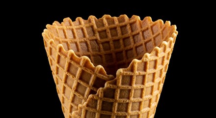 Close-up of a crisp, golden waffle ice cream cone against a black background