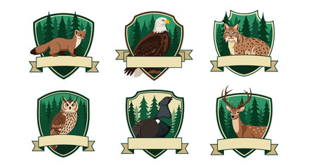 A collection of pixel art badges featuring forest animals and trees.