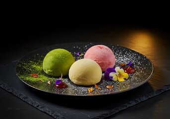 Three colorful dessert spheres