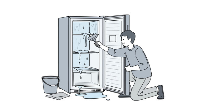 Illustration depicting a person diligently defrosting a refrigerator with meticulous attention to detail in a domestic setting