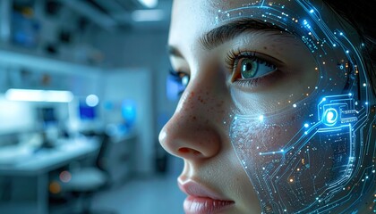 Close up profile of a young woman with futuristic cybernetic enhancements integrated into her face and eyes displaying digital circuitry