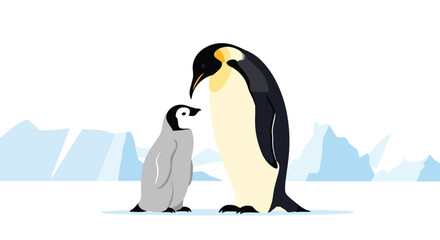 Obraz premium An emperor penguin with its fluffy chick on the ice.