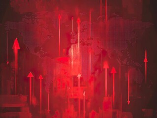 Abstract Red Background with Digital Data and Upward Growth Arrows