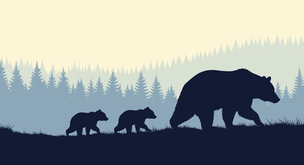 A family of bears walks through a forest at dawn.