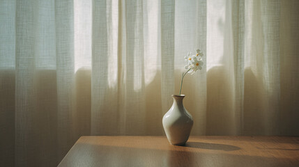 White Flower in Vase on Wooden Table