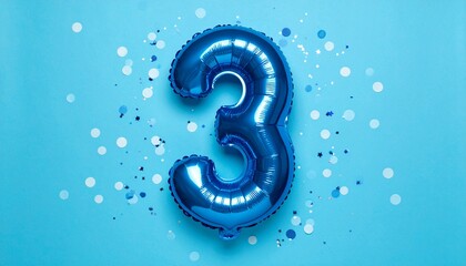 Blue balloon number 3 with confetti on solid colored background. Photo for anniversary or birthday party