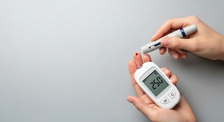 Blood Glucose Monitoring: Hands Using Lancet and Glucometer on Gray Background