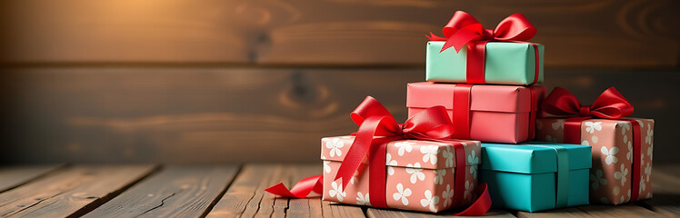 vibrant colorful array stacked gifts ribbons bows set rustic wooden background bathed warm soft golden evening