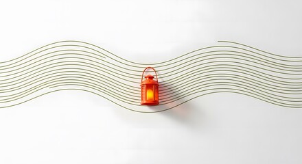 A small orange lantern with a glowing light sits on a wavy line pattern.