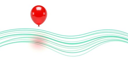 Red Balloon Floating Above Wavy Lines on White Background.