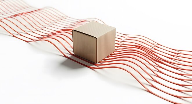 Cardboard box on red lines representing delivery and transport. - Powered by Adobe