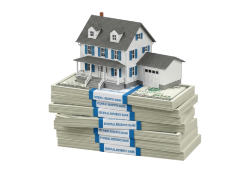 Miniature white house on US dollar bills stack, 'Federal Reserve Bank' wrappers, transparent backdrop, soft shadow, macro still life, concept of real estate investment