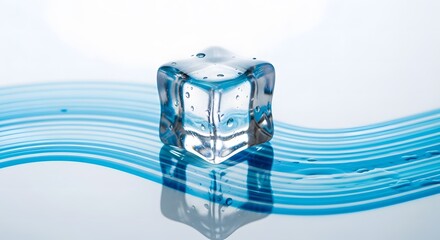 A single transparent ice cube on a reflective surface with flowing blue lines against a white background.