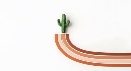 Minimalist Green Cactus Growing Out of Colorful Stripes on White Background.