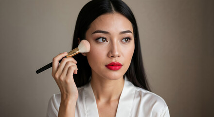 Obraz premium Asian Beauty Ritual: A moment of tranquility as a model applies makeup with a soft brush. Enhancing her features, the model embodies serene elegance and inner beauty. 