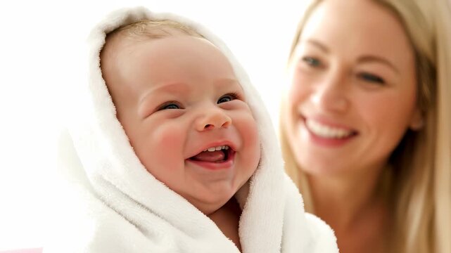 Baby wrapped in towel smile widely and laugh. Infant and newborn laugh and smile with expression. Mother hold child close and smile with emotion. Parent and family feel warm and happy and share laugh.