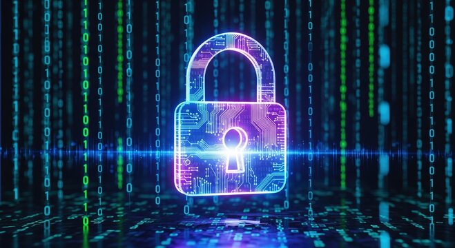 Glowing digital padlock with circuit board details sits against a backdrop of falling binary code representing cybersecurity and data protection