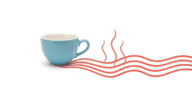 Blue coffee cup with artistic wavy steam lines on a clean white background.