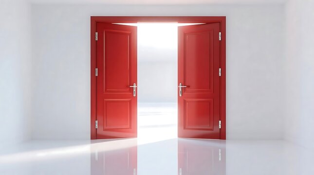 Radiant Light Streams Through Open Red Double Doors in White Room