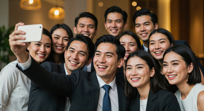 Capturing the Moment: A diverse team of business colleagues comes together, their faces illuminated by smiles as they capture a shared memory through a selfie. - Powered by Adobe