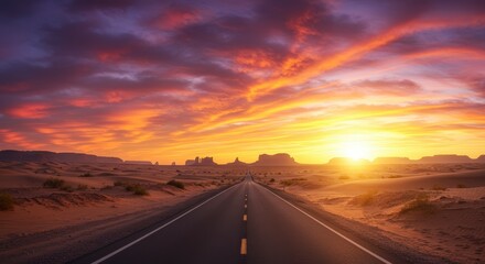 Scenic view of an empty highway disappearing into the vibrant sunset a landscape with dramatic colors