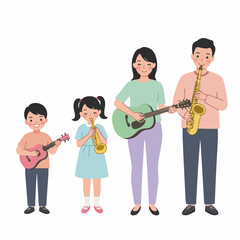 Cute Cartoon Family Playing Musical Instrument Together Illustration Design Art
