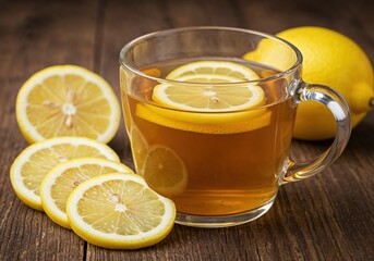Zesty Lemon Infusion: A refreshing close-up shot of a transparent glass filled with a light-colored beverage, garnished with sliced lemons, and accompanied by whole lemon.