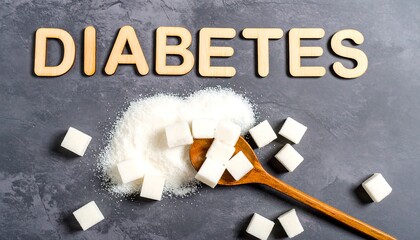 Diabetes Concept: Wooden Letters, Sugar Cubes, and Spoon on Gray Surface