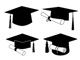 A Modern New Style Black Silhouette of a Graduation Cap and Diploma Scroll Design, Presented as a Four Icon Set for Educational Design.