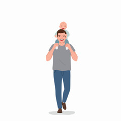 Flat Style Father Carrying Baby on Shoulders Walking Illustration