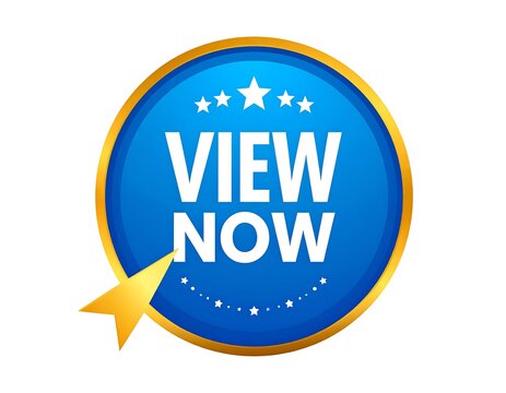 Blue circular button with gold trim,  "VIEW NOW" in white text, and a gold arrow pointer