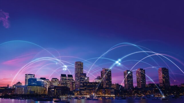 Twilight cityscape a blend of modern skyscrapers and historical buildings with digital connectivity