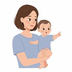 Cute Cartoon Style Mother Holding Baby Pointing Illustration