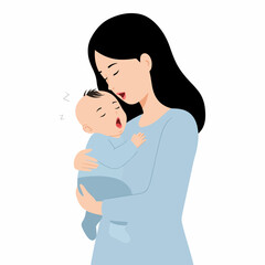 Flat Illustration Mother Hugging Baby Child Character Isolated on White