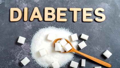 Diabetes Concept: Sugar Cubes, Spoon, and Wooden Lettering on Dark Background