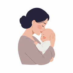 Minimalist Illustration of Mother Embracing and Holding Newborn Baby Moment