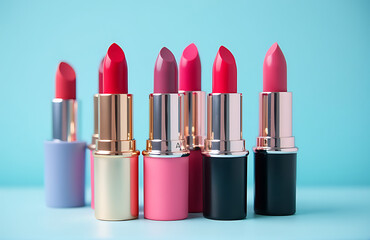 Fototapeta premium vibrant selection bright lipsticks bold colors arranged soft serene blue background capturing eye