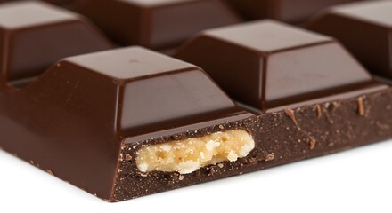 Close-up of a dark chocolate bar with a creamy nut filling