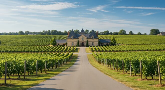 Scenic vineyard landscape with rows of grapevines leading to a building under a blue sky on a sunny day