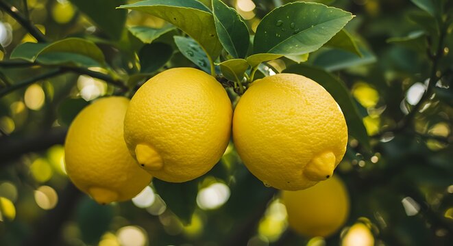 Vibrant lemons ripening on a tree branch against a blurred natural background - Powered by Adobe