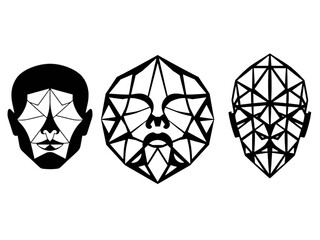 Modern New Silhouette Vector Icon Set Featuring Three Abstract Faces Formed by an Intricate Geometric Pattern on a Transparent Background.