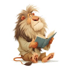 Anthropomorphic Lion Reading a History Book with a Light Background and Expressive Facial Features