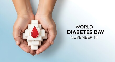 World Diabetes Day: Hands Holding Sugar Cubes and Blood Drop Symbol.